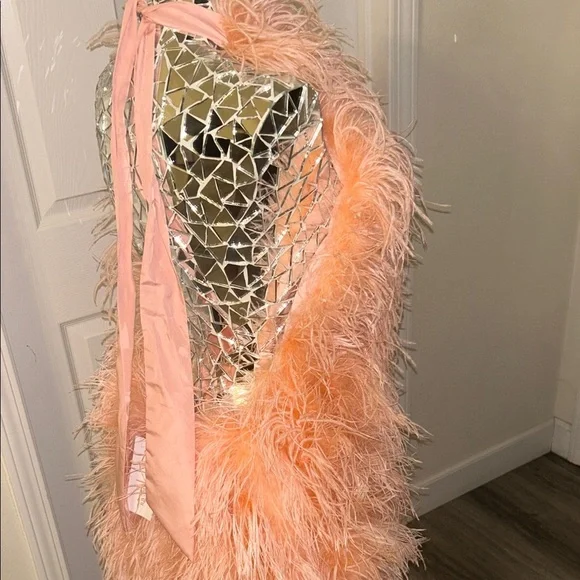 SAFFIYYAH PAUL Ostrich Feather Peach High Neck Open Back Mini Dress M/L Backless